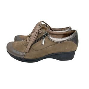 Dansko Comfort Lace-Up Oxfords Side Zip Taupe Bronze Leather Suede Comfort Shoes